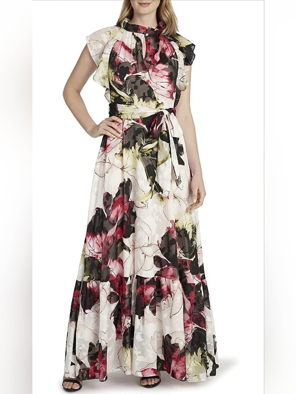 Tahari ASL Flutter Sleeve Ruffle Neck Dress Blush Rose Floral Size 6 Nwt